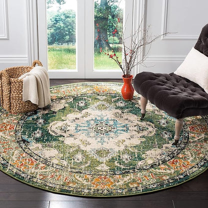 SAFAVIEH Monaco Collection Area Rug - 11' Round, Forest Green & Light Blue, Medallion Distressed Design, Non-Shedding & Easy Care, Ideal for High Traffic Areas in Living Room, Bedroom (MNC243F)