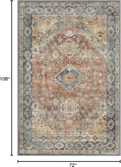 GENIMO 6x9 Area Rugs for Living Room, Machine Washable Non Slip Vintage Rugs, Low Pile Lightweight Chenille Print Rug for Bedroom, Dining Room, Home Office, Antique Red