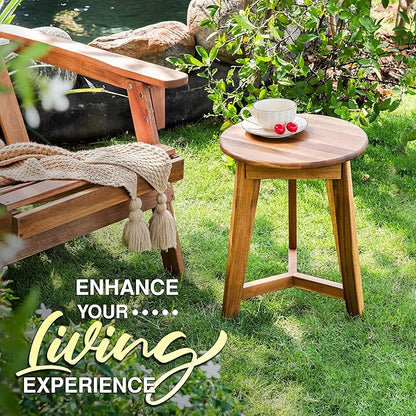 Round Side Table – Solid Acacia Wood End Table for Living Room or Bedroom – Natural Wood Finish, Compact Nightstand or Accent Table for Sofas & Beds (13x16x13 Inches)