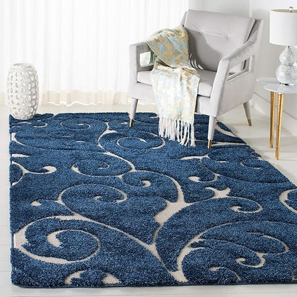 SAFAVIEH Florida Shag Collection Accent Rug - 4' x 6', Dark Blue & Cream, Scroll, Non-Shedding & Easy Care, 1.2-inch Thick Ideal for High Traffic Areas in Entryway, Living Room, Bedroom (SG455-6511)