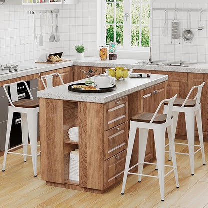 WENTMENT Bar Stools Set of 4 Counter Height Bar Stools Metal Barstools with Removable Back 26" Kitchen Bar Stools with Wooden Seat, White