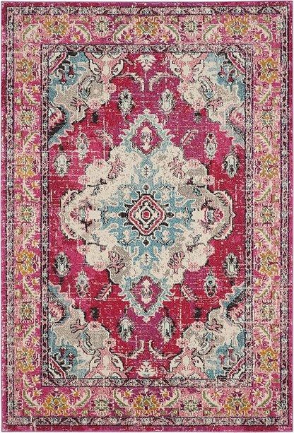 SAFAVIEH Monaco Collection Area Rug - 5'1" x 7'7", Pink & Multi, Boho Chic Medallion Distressed Design, Non-Shedding & Easy Care, Ideal for High Traffic Areas in Living Room, Bedroom (MNC243D)