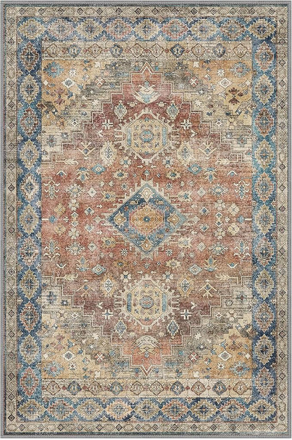 GENIMO 6x9 Area Rugs for Living Room, Machine Washable Non Slip Vintage Rugs, Low Pile Lightweight Chenille Print Rug for Bedroom, Dining Room, Home Office, Antique Red