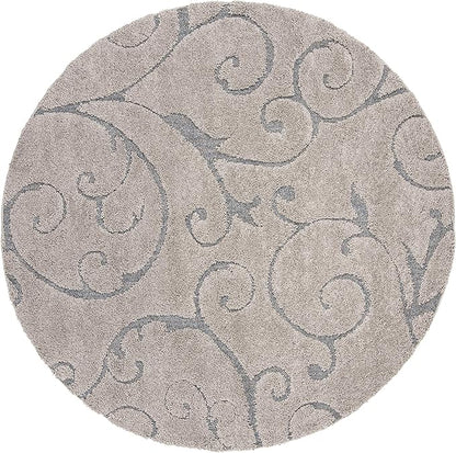 SAFAVIEH Florida Shag Collection 4' Round Grey/Light Blue SG455 Scrolling Vine Graceful Swirl Textured Non-Shedding Living Room Bedroom Dining Room Entryway Plush 1.2-inch Thick Area Rug