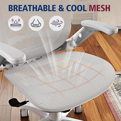GABRYLLY Ergonomic Office Chair, High Back Home Desk Chair with Headrest, Flip-Up Arms, 90-120° Tilt Lock and Wide Cushion, 400LBS Mesh Chairs for Man Woman, White Task Chair(Grey,GY01WG)