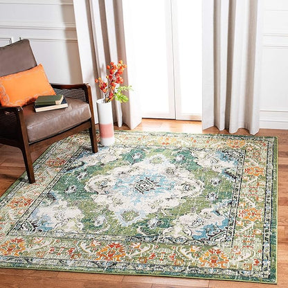SAFAVIEH Monaco Collection Area Rug - 4' Square, Forest Green & Light Blue, Medallion Distressed Design, Non-Shedding & Easy Care, Ideal for High Traffic Areas in Living Room, Bedroom (MNC243F)