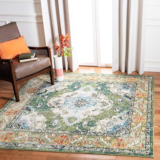 SAFAVIEH Monaco Collection Area Rug - 3' Square, Forest Green & Light Blue, Medallion Distressed Design, Non-Shedding & Easy Care, Ideal for High Traffic Areas in Living Room, Bedroom (MNC243F)