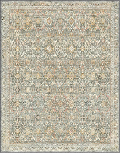 10X14 Area Rugs Machine Washable Rugs for Living Room, Vintage Boho Large Rugs for Bedroom Dining Room, Non Slip Indoor Soft Distressed Lightweight Thin Low Pile Carpet, Turmeric