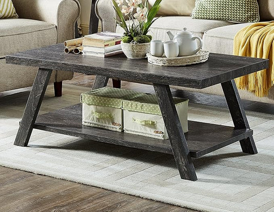 Roundhill Furniture Athens Contemporary Replicated Wood Shelf Coffee Table in Charcoal Finish