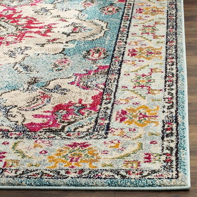 SAFAVIEH Monaco Collection Runner Rug - 2'2" x 12', Light Blue & Fuchsia, Medallion Distressed Design, Non-Shedding & Easy Care, Ideal for High Traffic Areas in Living Room, Bedroom (MNC243J)