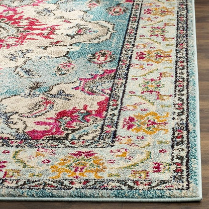 SAFAVIEH Monaco Collection Runner Rug - 2'2" x 12', Light Blue & Fuchsia, Medallion Distressed Design, Non-Shedding & Easy Care, Ideal for High Traffic Areas in Living Room, Bedroom (MNC243J)