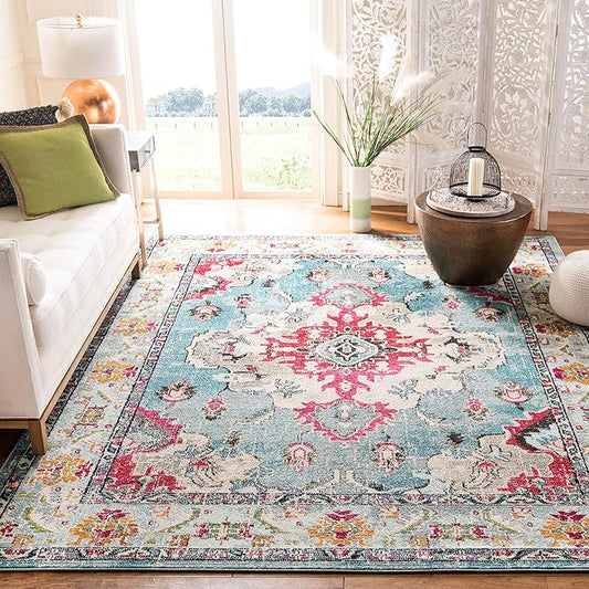 SAFAVIEH Monaco Collection X-Large Area Rug - 11' x 15', Light Blue & Fuchsia, Medallion Distressed Design, Non-Shedding & Easy Care, Ideal for High Traffic Areas in Living Room, Bedroom (MNC243J)