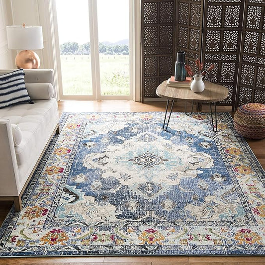 SAFAVIEH Monaco Collection Area Rug - 8' x 10', Navy & Light Blue, Boho Chic Medallion Distressed Design, Non-Shedding & Easy Care, Ideal for High Traffic Areas in Living Room, Bedroom (MNC243N)