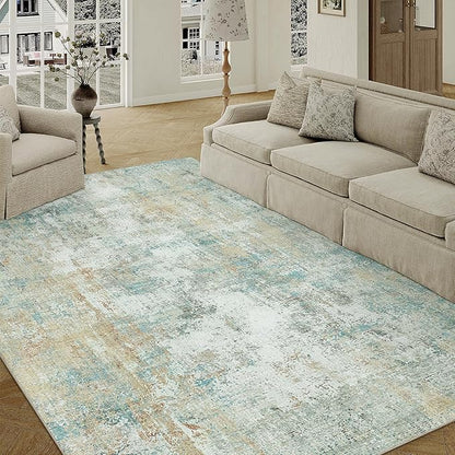6x9 Washable Area Rug Teal Beige Modern Neutral Abstract Living Room Bedroom Indoor Floor Carpet Low Pile Soft Non-Slip Lightweight Vacuumable Throw Rug for Nursery Dining Room Office