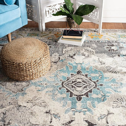 SAFAVIEH Monaco Collection Accent Rug - 4' x 5'7", Grey & Light Blue, Medallion Distressed Design, Non-Shedding & Easy Care, Ideal for High Traffic Areas in Entryway, Living Room, Bedroom (MNC243G)