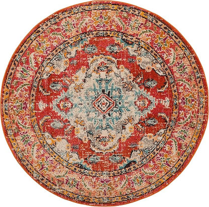 SAFAVIEH Monaco Collection Area Rug - 8'8" Round, Orange & Light Blue, Boho Chic Medallion Distressed Design, Non-Shedding & Easy Care, Ideal for High Traffic Areas in Living Room, Bedroom (MNC243H)