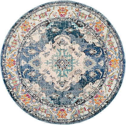 SAFAVIEH Monaco Collection Area Rug - 6'7" Round, Navy & Light Blue, Boho Chic Medallion Distressed Design, Non-Shedding & Easy Care, Ideal for High Traffic Areas in Living Room, Bedroom (MNC243N)