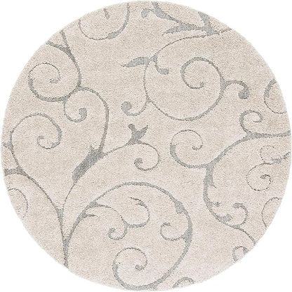 SAFAVIEH Florida Shag Collection 4' Round Beige/Blue Grey SG455 Scrolling Vine Graceful Swirl Textured Non-Shedding Living Room Bedroom Dining Room Entryway Plush 1.2-inch Thick Area Rug