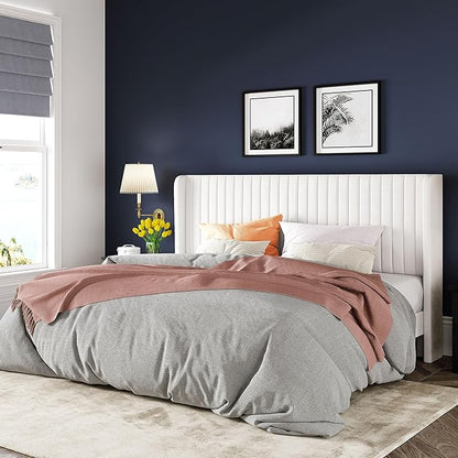 Allewie King Size Velvet Bed Frame/Vertical Channel Tufted Wingback Headboard/Upholstered Platform Bed/No Box Spring Needed/Strong Wooden Slats/Easy Assembly/White