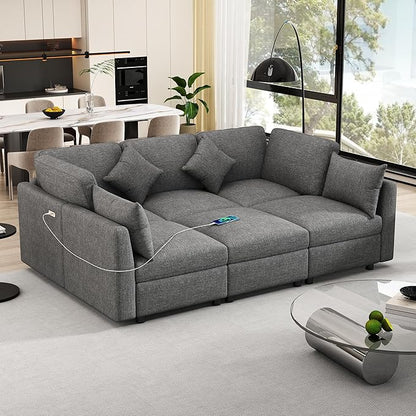Ball & Cast Oversize Modular Sectional Sofa,85.4" 5-Seater Couch with USB Ports and 9 Pillows,Chenille Upholstered Convertible Sleeper Sofabed w/Movable Ottoman,for Living Room,Grey