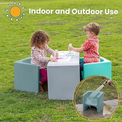 ECR4Kids Tri-Me Table and Cube Chair Set, Multipurpose Furniture, Powder Blue, 3-Piece