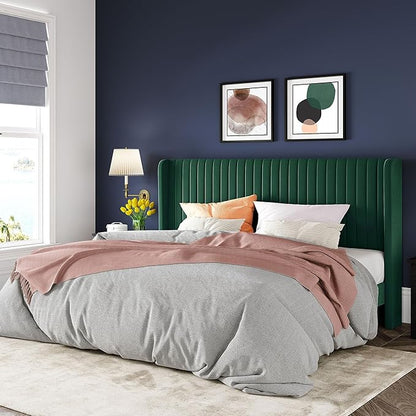 Allewie King Size Bed Frame/Velvet Upholstered Platform Bed/Vertical Channel Tufted Wingback Headboard/Strong Wooden Slats/No Box Spring Needed/Easy Assembly/Green