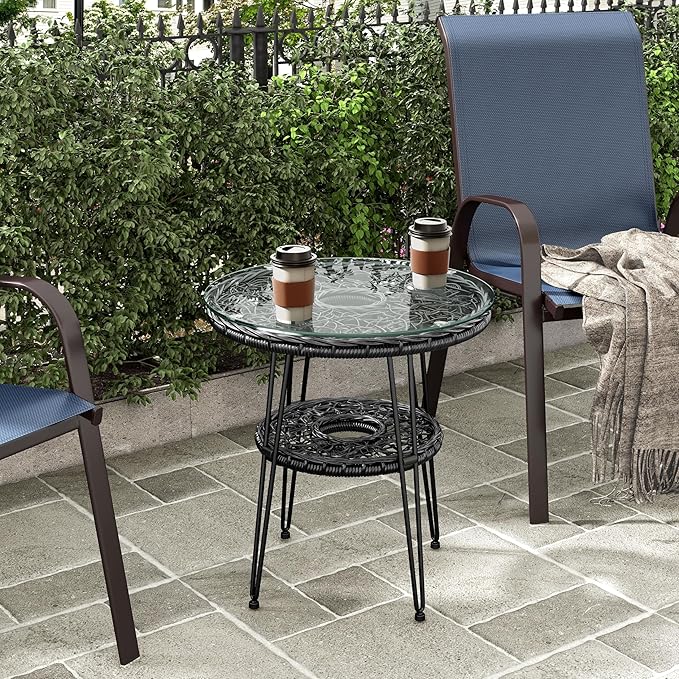 Muse & Lounge Co. Ysar Boho 19-inch Round Coffee Table Outdoor with Tempered Glass Top and Metal Frame, Handcrafted Coastal Furniture for Patio, Poolside, Garden, Yard, Black