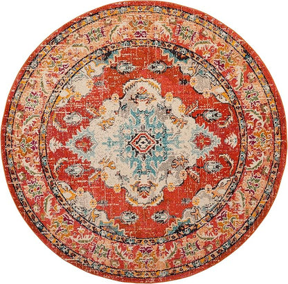 SAFAVIEH Monaco Collection Area Rug - 8' Round, Orange & Light Blue, Boho Chic Medallion Distressed Design, Non-Shedding & Easy Care, Ideal for High Traffic Areas in Living Room, Bedroom (MNC243H)