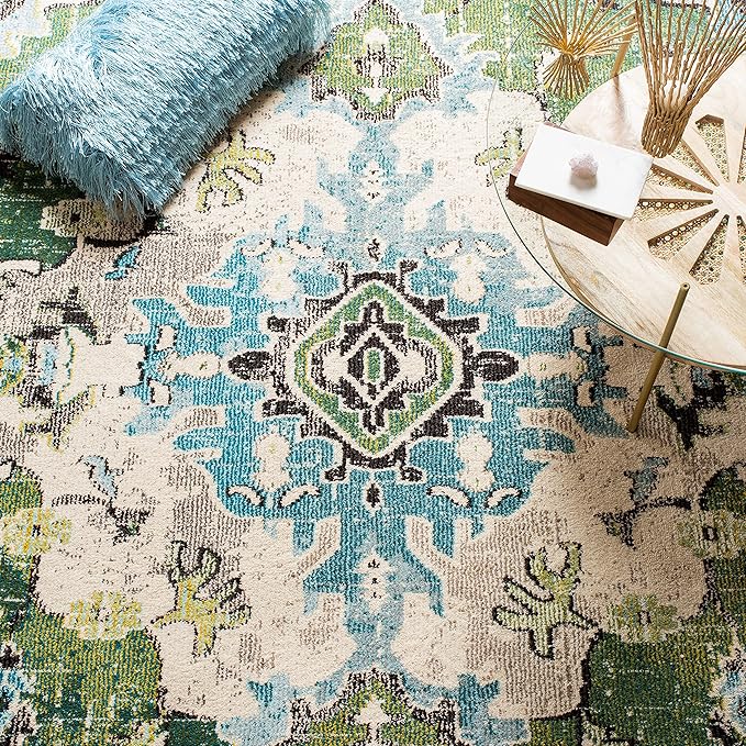 SAFAVIEH Monaco Collection Area Rug - 3' Square, Forest Green & Light Blue, Medallion Distressed Design, Non-Shedding & Easy Care, Ideal for High Traffic Areas in Living Room, Bedroom (MNC243F)