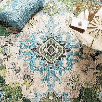 SAFAVIEH Monaco Collection 2'2" x 22' Forest GreenLight Blue MNC243F Boho Chic Medallion Distressed Non-Shedding Living Room Bedroom Runner Rug