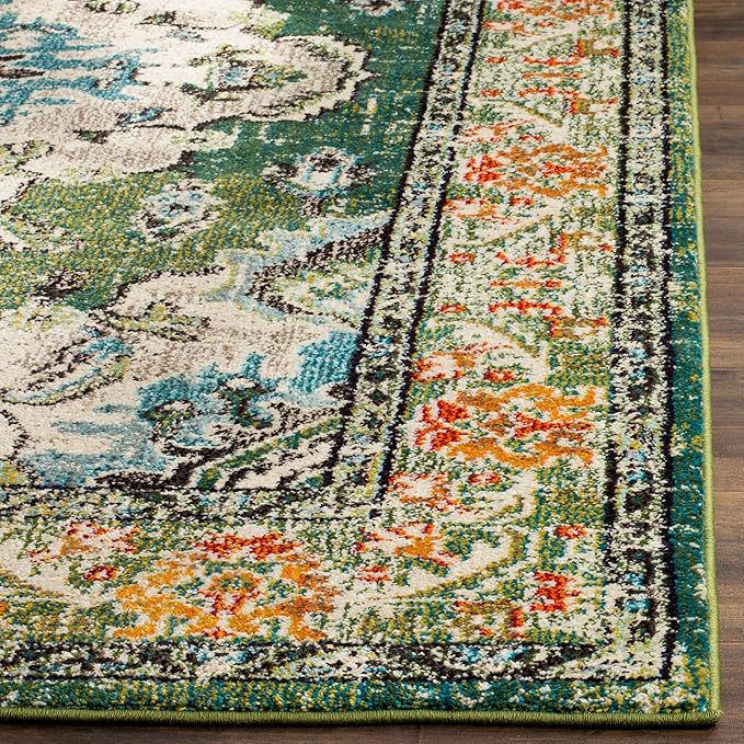 SAFAVIEH Monaco Collection Area Rug - 6'7" x 9'2", Forest Green & Light Blue, Medallion Distressed Design, Non-Shedding & Easy Care, Ideal for High Traffic Areas in Living Room, Bedroom (MNC243F)