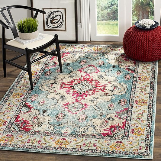 SAFAVIEH Monaco Collection 3' x 5' Light BlueFuchsia MNC243J Boho Chic Medallion Distressed Non-Shedding Living Room Bedroom Accent Rug