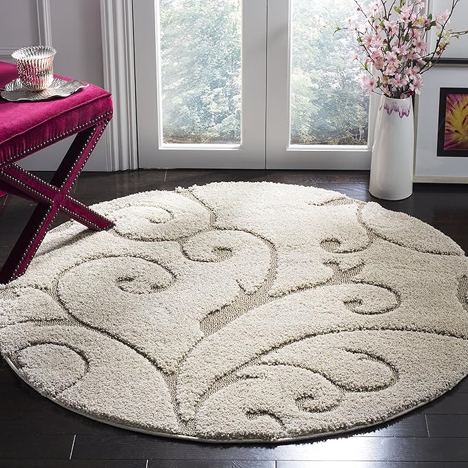 SAFAVIEH Florida Shag Collection Area Rug - 9' Round, Cream & Beige, Scroll Design, Non-Shedding & Easy Care, 1.2-inch Thick Ideal for High Traffic Areas in Living Room, Bedroom (SG455-1113)