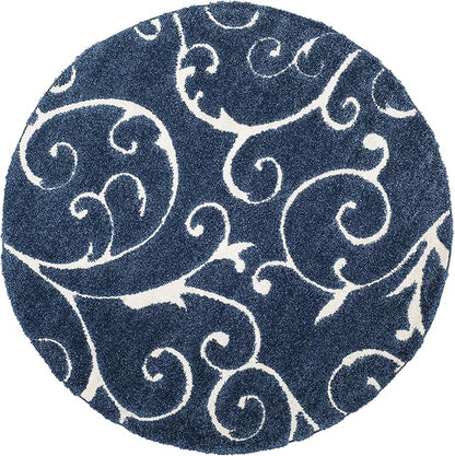 SAFAVIEH Florida Shag Collection Area Rug - 11' Round, Dark Blue & Cream, Scroll Design, Non-Shedding & Easy Care, 1.2-inch Thick Ideal for High Traffic Areas in Living Room, Bedroom (SG455-6511)