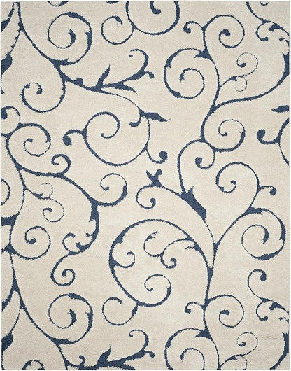 SAFAVIEH Florida Shag Collection Area Rug - 9'6" x 13', Cream & Blue, Scroll Design, Non-Shedding & Easy Care, 1.2-inch Thick Ideal for High Traffic Areas in Living Room, Bedroom (SG455-1165)