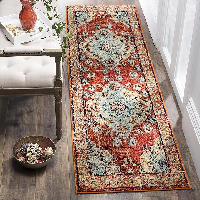 SAFAVIEH Monaco Collection Runner Rug - 2'2" x 12', Orange & Light Blue, Boho Chic Medallion Distressed Design, Non-Shedding & Easy Care, Ideal for High Traffic Areas in Living Room, Bedroom (MNC243H)