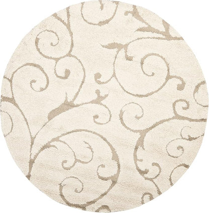 SAFAVIEH Florida Shag Collection Area Rug - 5' Round, Cream & Beige, Scroll Design, Non-Shedding & Easy Care, 1.2-inch Thick Ideal for High Traffic Areas in Living Room, Bedroom (SG455-1113)