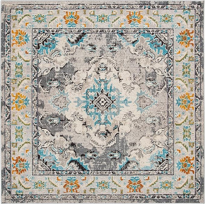 SAFAVIEH Monaco Collection Area Rug - 8'8" Square, Grey & Light Blue, Boho Chic Medallion Distressed Design, Non-Shedding & Easy Care, Ideal for High Traffic Areas in Living Room, Bedroom (MNC243G)