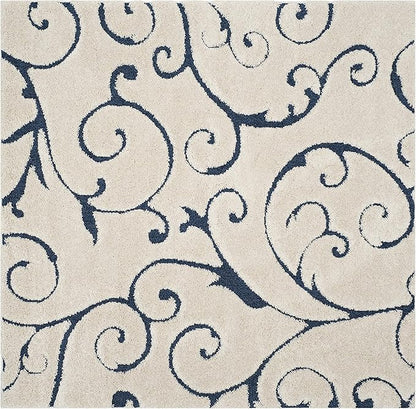 SAFAVIEH Florida Shag Collection Area Rug - 5' Square, Cream & Blue, Scroll Design, Non-Shedding & Easy Care, 1.2-inch Thick Ideal for High Traffic Areas in Living Room, Bedroom (SG455-1165)