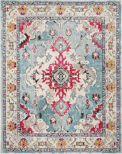 SAFAVIEH Monaco Collection Area Rug - 6'7" x 9'2", Light Blue & Fuchsia, Boho Chic Medallion Distressed Design, Non-Shedding & Easy Care, Ideal for High Traffic Areas in Living Room, Bedroom (MNC243J)