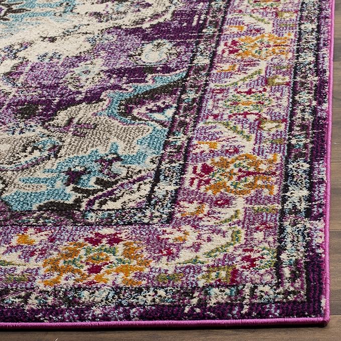 SAFAVIEH Monaco Collection Area Rug - 8'8" Square, Violet & Light Blue, Boho Chic Medallion Distressed Design, Non-Shedding & Easy Care, Ideal for High Traffic Areas in Living Room, Bedroom (MNC243L)