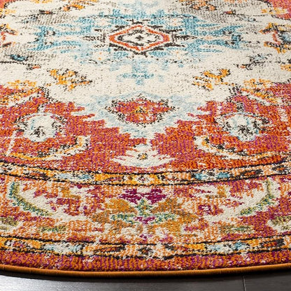 SAFAVIEH Monaco Collection Area Rug - 6'7" Round, Orange & Light Blue, Boho Chic Medallion Distressed Design, Non-Shedding & Easy Care, Ideal for High Traffic Areas in Living Room, Bedroom (MNC243H)