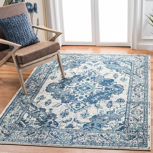 SAFAVIEH Monaco Collection Area Rug - 6'7" Square, Ivory & Blue, Boho Chic Medallion Distressed Design, Non-Shedding & Easy Care, Ideal for High Traffic Areas in Living Room, Bedroom (MNC243A)