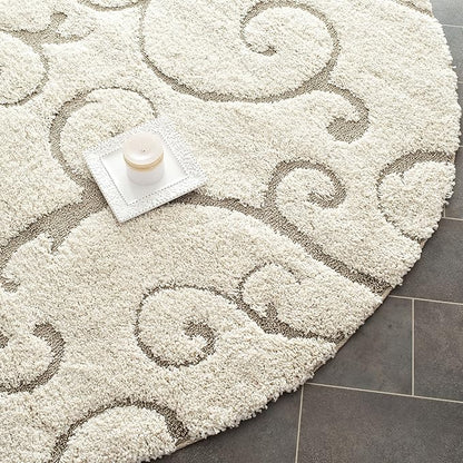 SAFAVIEH Florida Shag Collection Area Rug - 9' Round, Cream & Beige, Scroll Design, Non-Shedding & Easy Care, 1.2-inch Thick Ideal for High Traffic Areas in Living Room, Bedroom (SG455-1113)