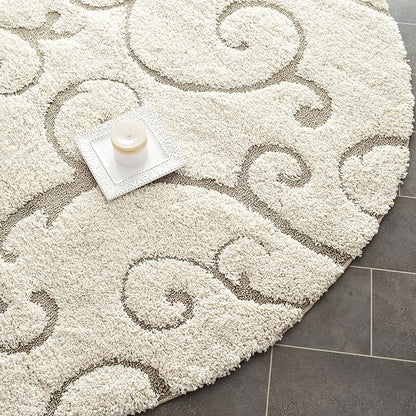 SAFAVIEH Florida Shag Collection Area Rug - 4' Round, Cream & Beige, Scroll Design, Non-Shedding & Easy Care, 1.2-inch Thick Ideal for High Traffic Areas in Living Room, Bedroom (SG455-1113)
