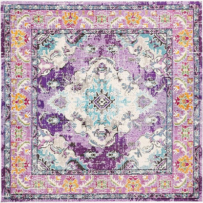 SAFAVIEH Monaco Collection Area Rug - 8'8" Square, Violet & Light Blue, Boho Chic Medallion Distressed Design, Non-Shedding & Easy Care, Ideal for High Traffic Areas in Living Room, Bedroom (MNC243L)