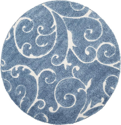 SAFAVIEH Florida Shag Collection 5' Round Light Blue/Cream SG455 Scrolling Vine Graceful Swirl Textured Non-Shedding Living Room Bedroom Dining Room Entryway Plush 1.2-inch Thick Area Rug