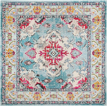 SAFAVIEH Monaco Collection Area Rug - 8'8" Square, Light Blue & Fuchsia, Boho Chic Medallion Distressed Design, Non-Shedding & Easy Care, Ideal for High Traffic Areas in Living Room, Bedroom (MNC243J)