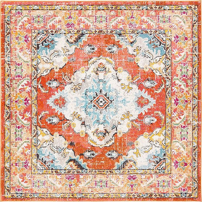 SAFAVIEH Monaco Collection Area Rug - 11' Square, Orange & Light Blue, Boho Chic Medallion Distressed Design, Non-Shedding & Easy Care, Ideal for High Traffic Areas in Living Room, Bedroom (MNC243H)