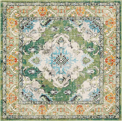 SAFAVIEH Monaco Collection Area Rug - 11' Square, Forest Green & Light Blue, Medallion Distressed Design, Non-Shedding & Easy Care, Ideal for High Traffic Areas in Living Room, Bedroom (MNC243F)